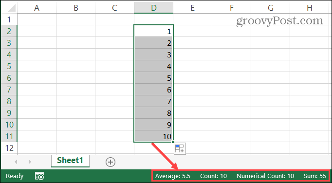 Stavový řádek aplikace Excel pro vybrané buňky