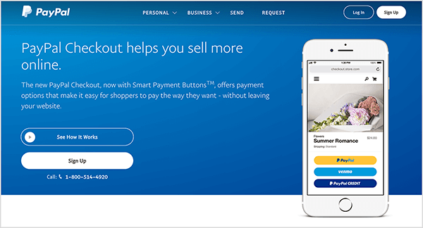 Toto je snímek obrazovky webové stránky služby PayPal Checkout. Má modré pozadí a bílý text. Nadpis říká: „PayPal Checkout vám pomůže prodat více online.“ Pod nadpisem se zobrazují dvě tlačítka: modré s označením See How It Díla a bílá s označením Zaregistrovat se. Vpravo je obrázek smartphonu s funkcí PayPal Checkout v mobilu webová stránka.