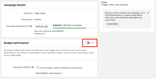 Možnost optimalizace rozpočtu kampaně Facebook.