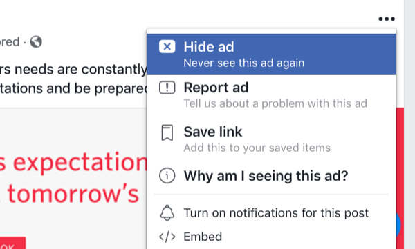 možnosti skrytí reklam na Facebooku ve zdroji