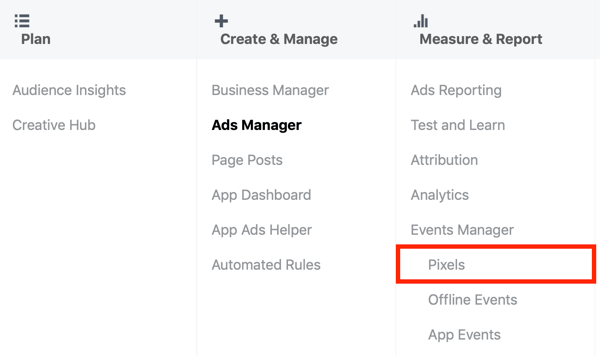 Použijte nástroj Facebook Event Setup Tool, krok 1, možnost nabídky Pixely ve Správci reklam na Facebooku