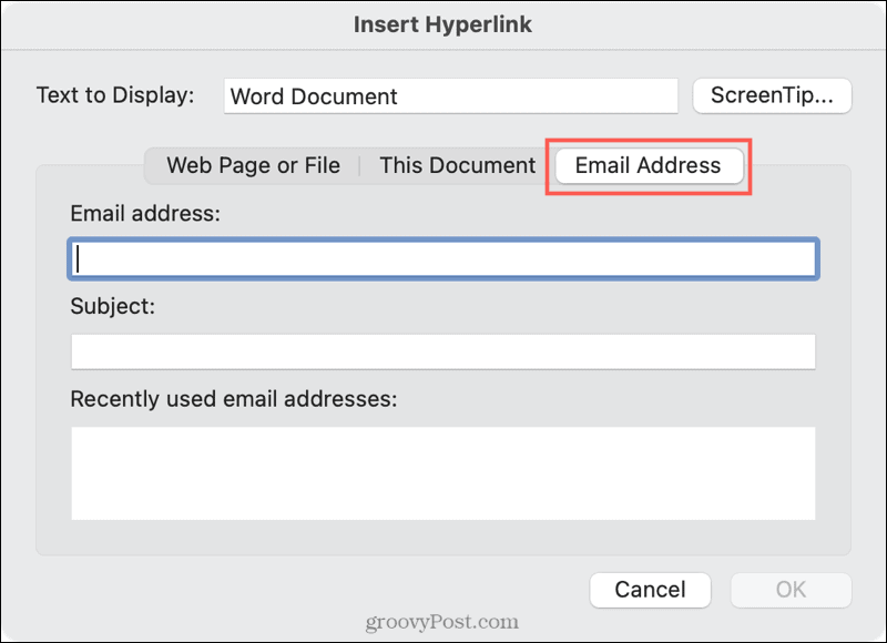 Odkaz na e-mail ve Wordu pro Mac