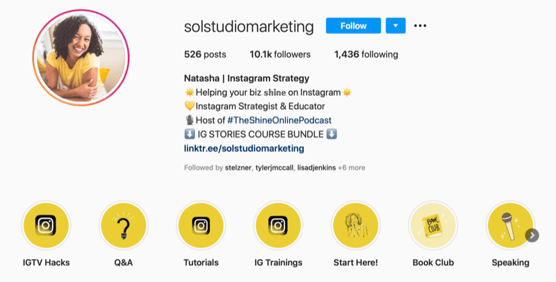 snímek obrazovky bio účtu Sol Studio Marketing Instagram