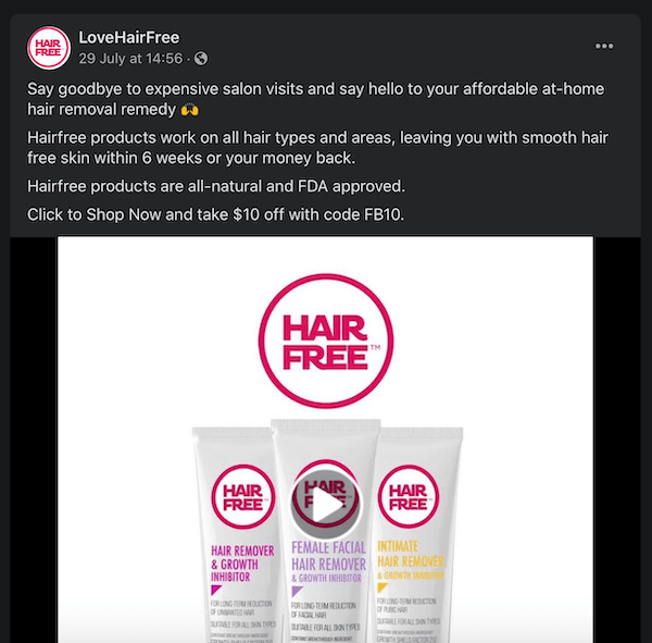 facebookový příspěvek od lovehairfree a upozorňuje na jejich produkty na odstraňování chloupků jejich porovnáním s drahými návštěvami salonu