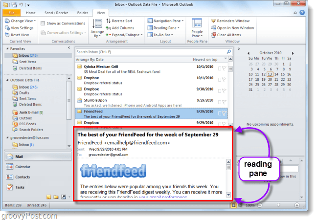 Outlook 2010 výchozí e-mailové podokno