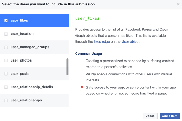 Vyberte položky, které chcete zahrnout do odeslání aplikace z Facebooku.