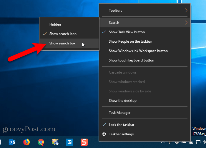 Zobrazit vyhledávací pole Nastavení hlavního panelu v systému Windows 10