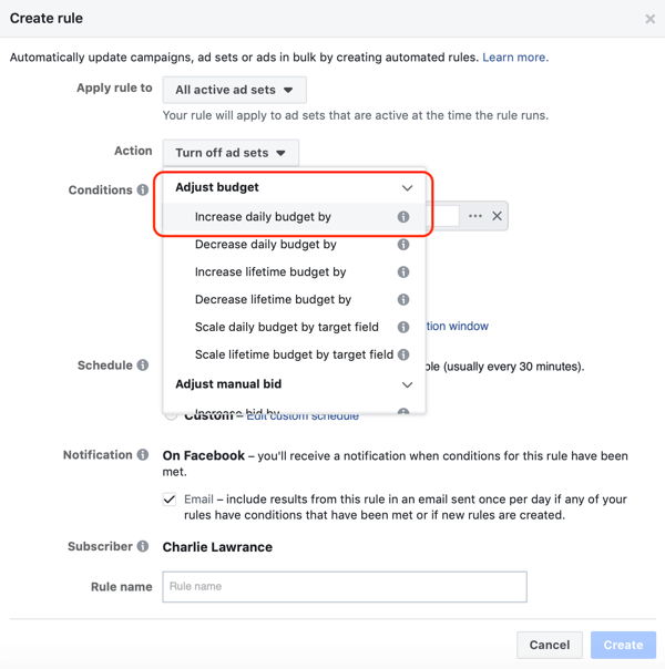 Používejte automatizovaná pravidla Facebooku, zvyšte rozpočet, když je ROAS větší než 2, krok 1, nastavte akci