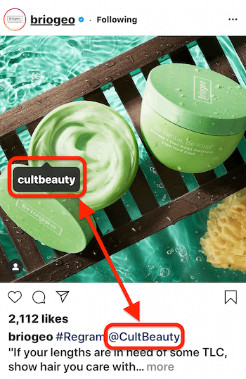 instagramový příspěvek od @briogeo zobrazující značku příspěvku a titulek @mention pro @cultbeauty, jehož produkt se objeví na obrázku