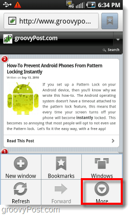 přístup k další nabídce v prohlížeči Android