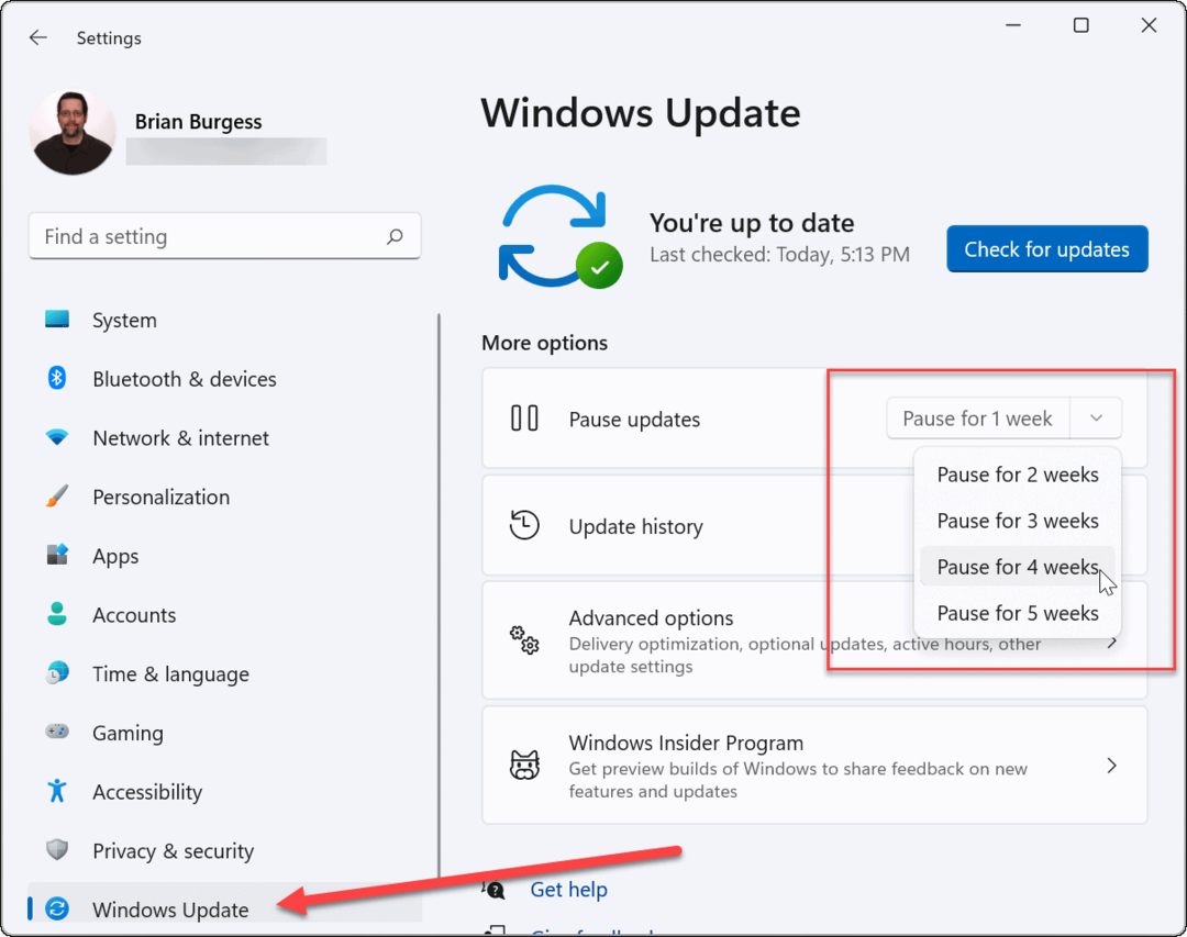 Nová týdenní pauza Aktualizace Windows 11