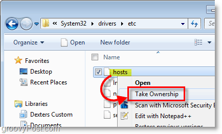 Snímek obrazovky systému Windows 7 - pomocí kontextové nabídky klepnutím pravým tlačítkem myši převezmete vlastnictví libovolného souboru v systému Windows 7