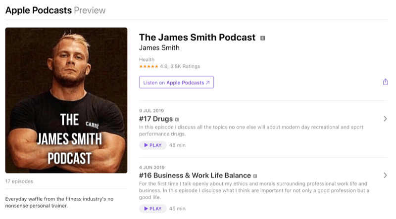 Marketingová strategie sociálních médií; Screenshot z podcastu Jamese Smitha na Apple Podcasts. James je známý ovlivňovač ve fitness prostoru.