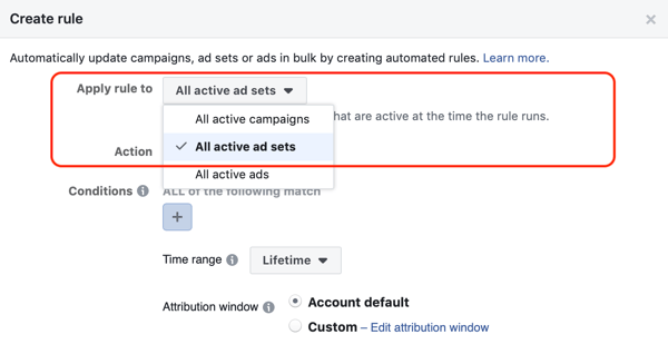 Použijte automatická pravidla Facebooku, zastavte sadu reklam, když je útrata dvojnásobná cena a méně než 1 nákup, krok 1, platí pro všechny sady reklam