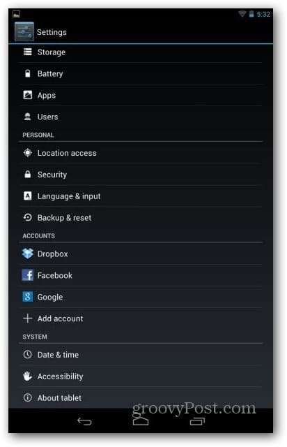 Uživatelské účty Nexus 7 - uživatel nastavení