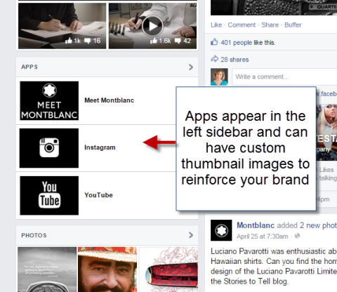 sociální aplikace na levém postranním panelu facebookové stránky