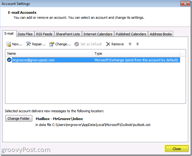 Tlačítko zavřít snímek aplikace Outlook 2010 pro uložení úspor účtu