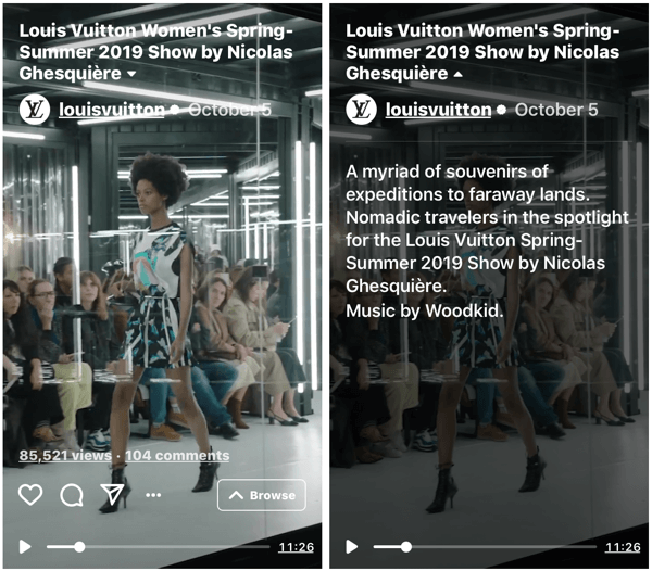 Příklad show IGTV od Louis Vuitton pro jejich dámskou módní přehlídku jaro-léto 2019.