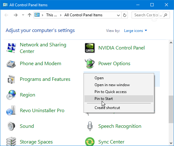 Připnout ovládací panel Položka Windows 10 Start
