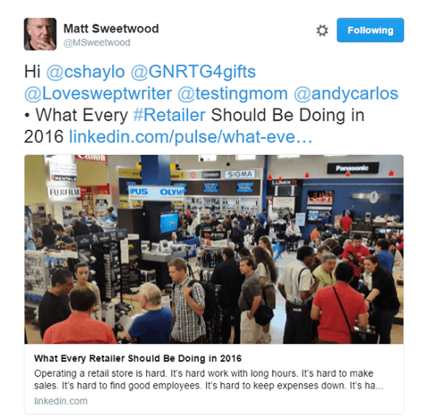 Matt SweetWood sdílí Linkedin příspěvky na Twitteru