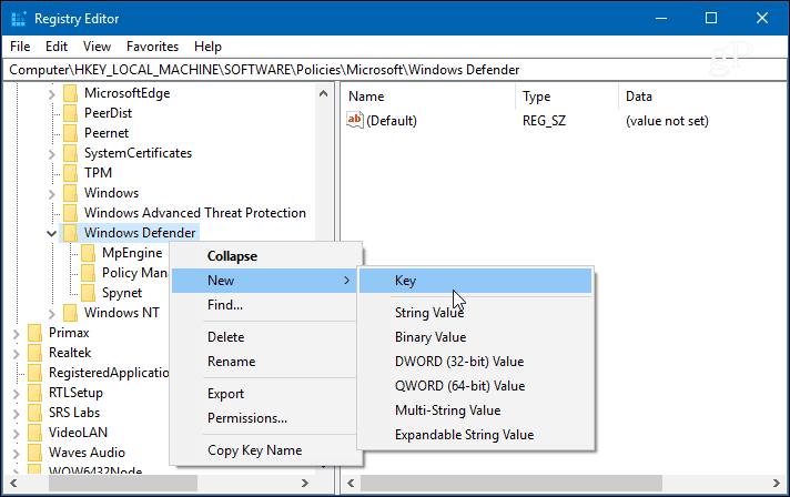 Windows Defender nový klíč