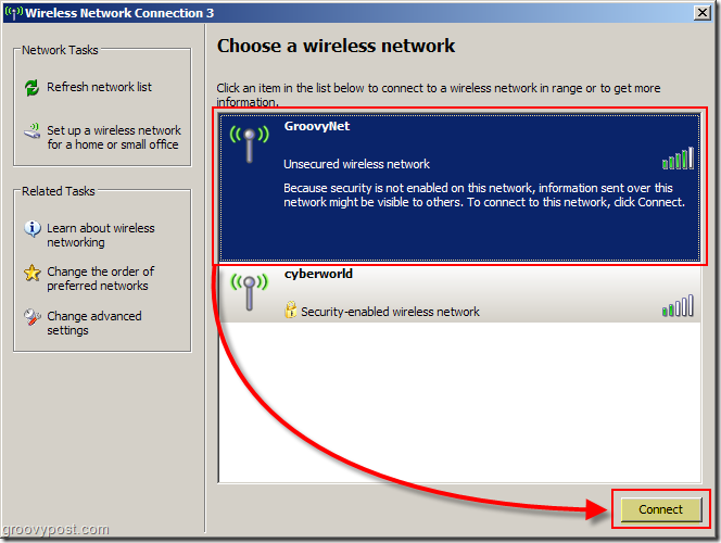 Nabídka systému Windows XP k výběru snímku bezdrátové sítě:: groovyPost.com