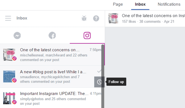 Kliknutím na ikonu hodin na ploše přesuňte upozornění Instagramu do složky Follow-Up.