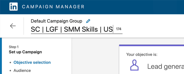 snímek obrazovky s názvem kampaně LinkedIn upravený tak, aby říkal „SC | LGF | Dovednosti SMM | NÁS'
