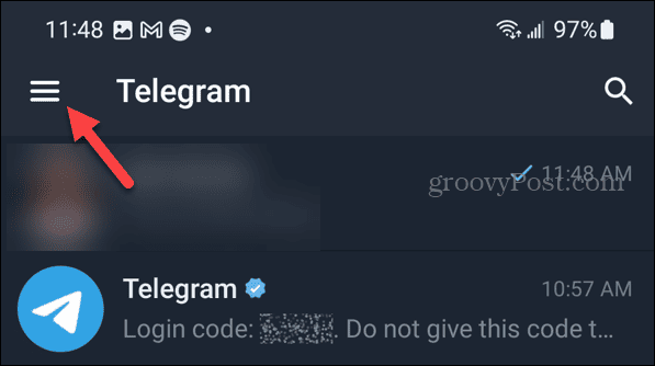 Tlačítko Menu na Telegramu na Androidu