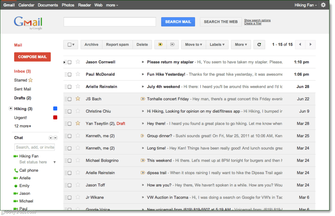 Zobrazení doručené pošty Gmail, téma náhledu