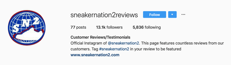 sekundární účet Instagram pro recenze SneakerNation2