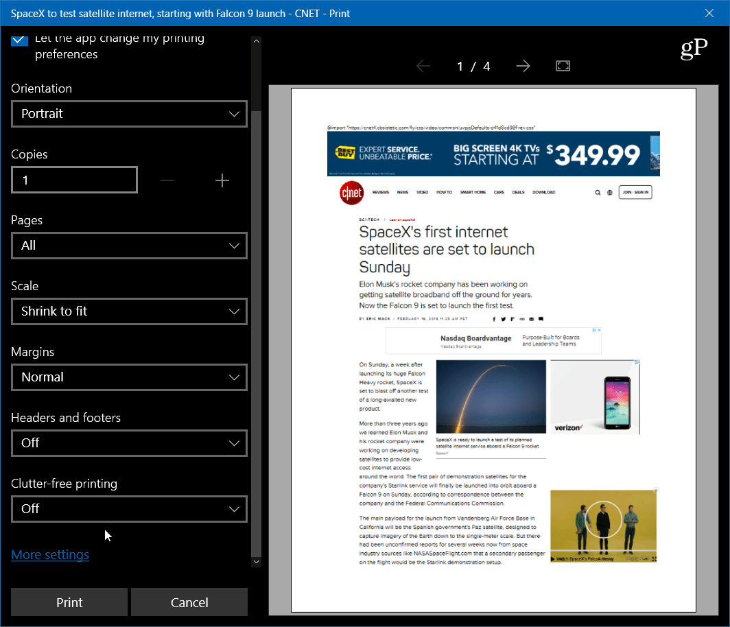 Tiskněte články na webu Čisté a nepřehledné s Microsoft Edge