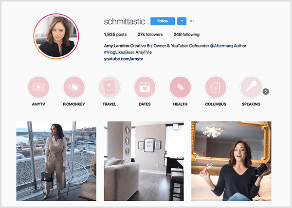 Instagramový profil Amy Landino používá schmittastic. Její profil na Instagramu zobrazuje zvýrazněné kategorie pro AmyTV, Picmonkey, Cestování, Data, Zdraví, Columbus a Mluvení. Fotografie zobrazují obrázky Amy.