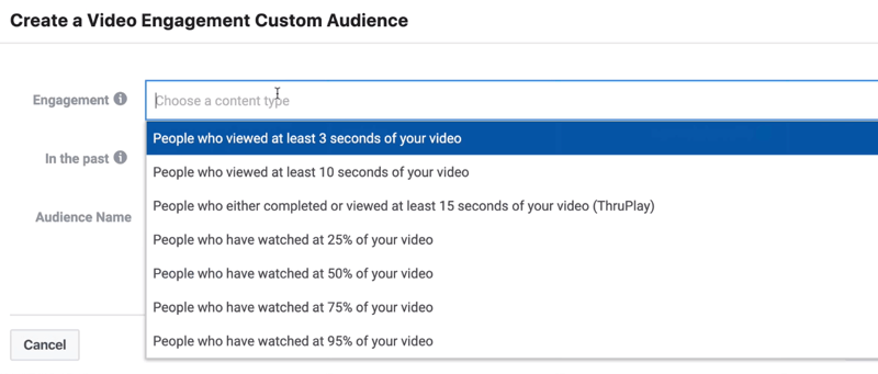 Rozbalovací nabídka Engagement v okně Vytvořit vlastní publikum Video Engagement