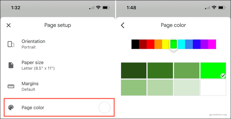 Barva stránky Dokumentů Google na iPhonu