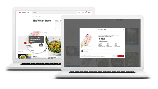 Pinterest přidal na každý PIN jednoduchou ikonu statistik, která marketingovým pracovníkům poskytne náhled na celkové zapojení tohoto Pin a přístup k dalším hodnotným metrikám přímo na Pin. 