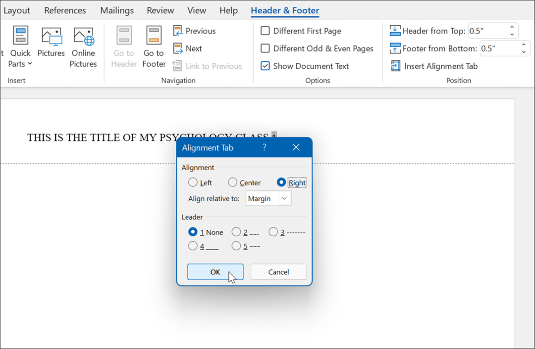 zarovnání tabelátor ve formátu vpravo ve stylu apa v aplikaci Microsoft Word