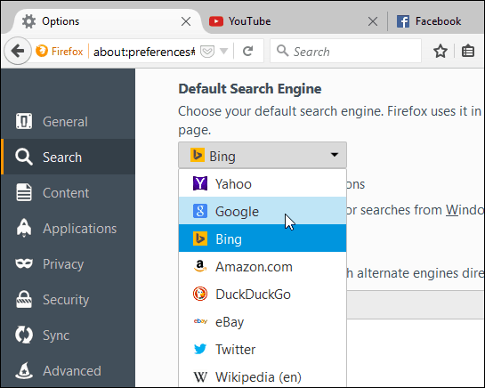 nastavit vyhledávač Firefox