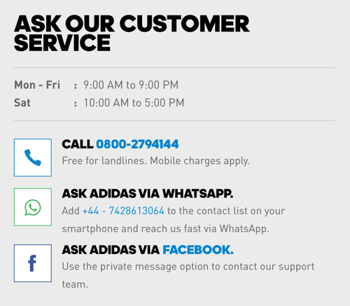 Kromě telefonního čísla obsahuje Adidas odkazy na WhatsApp a Facebook Messenger pro možnosti péče o zákazníky.