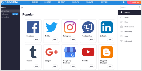 seznam sítí sociálních médií podporovaných aplikací Sendible