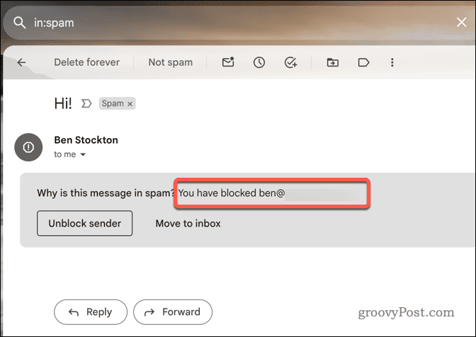 Příklad zablokovaného e-mailu v Gmailu