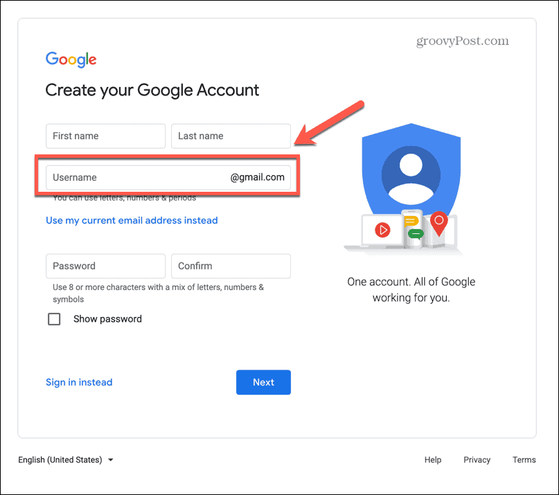 uživatelské jméno podřízeného účtu gmail