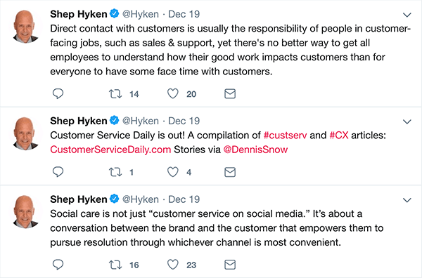 Toto je snímek obrazovky se třemi tweety, které Shep Hyken vytvořil o zákaznických službách.