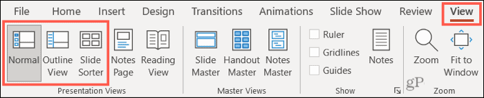 Normální zobrazení PowerPoint, Obrys a Řazení snímků