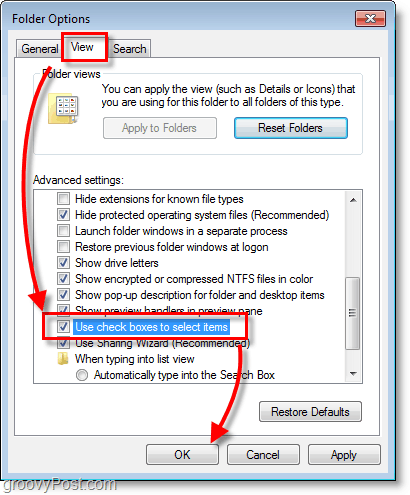 Snímek obrazovky systému Windows 7 - zobrazení možností složky a zaškrtnutí políček pro výběr položek