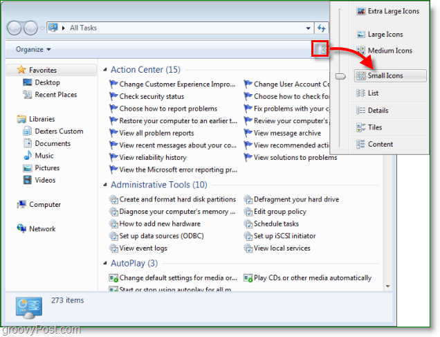 Snímek obrazovky systému Windows 7 - hotovo, přepněte do zobrazení malých ikon