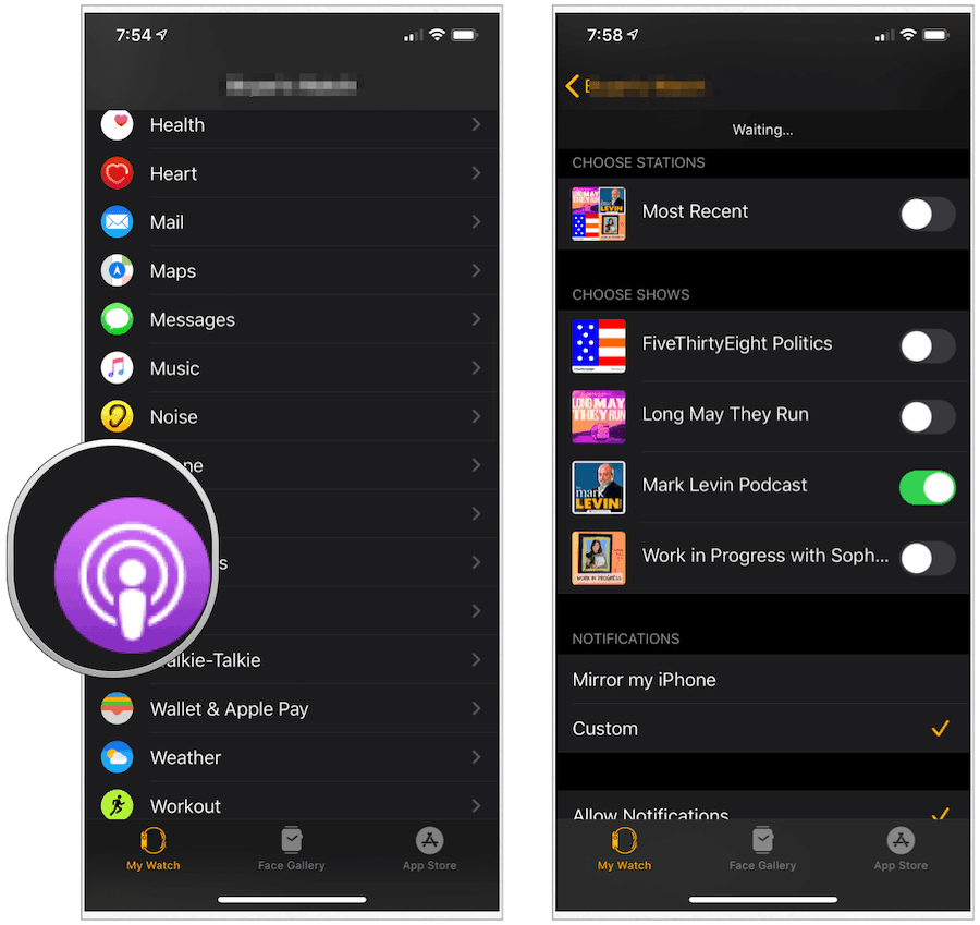 Aplikace Apple Watch podcasts