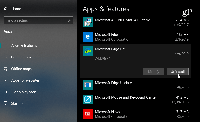 Odinstalovat Microsoft Edge Dev