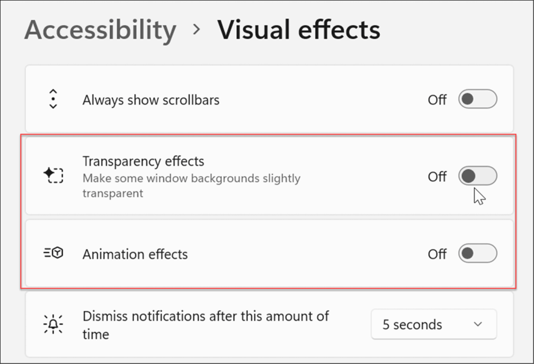 nastavení vizuálních efektů usnadnění pro Windows 11