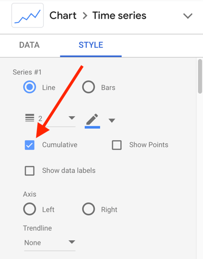 Použijte Google Data Studio k analýze svých reklam na Facebooku, krok 24, nastavení stylu grafu pro kumulativní datovou linku